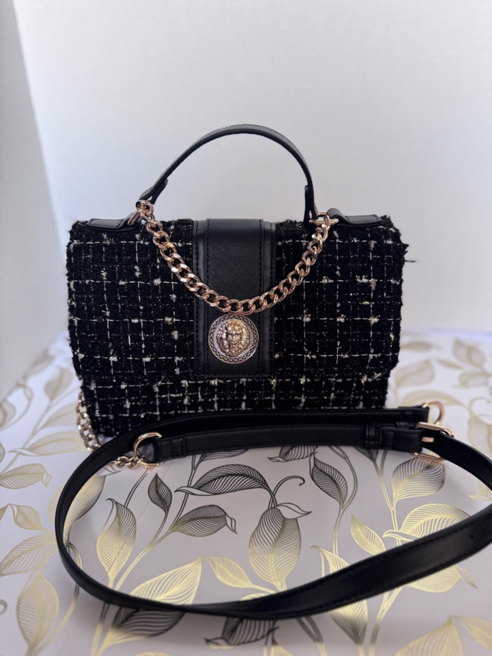 ALDO Black Tweed Top-Handle Bag with Gold Chain Accent - Picture 5 of 11